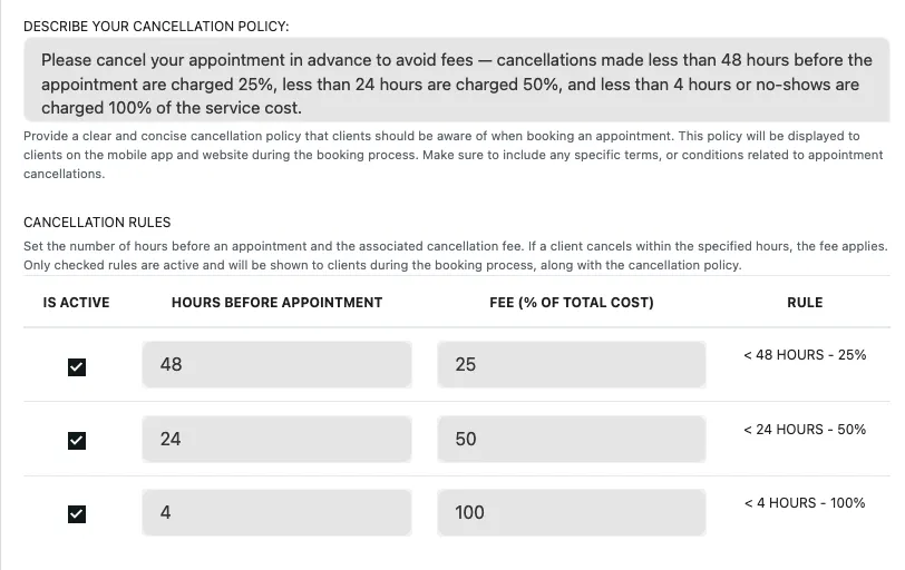 Gebühr für Nichterscheinen und späte Stornierung